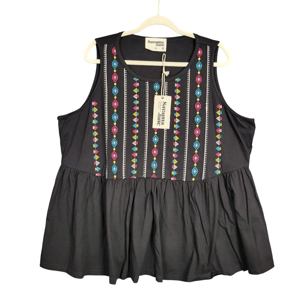 SAVANNA JANE Black Embroidery Peplum Sleeveless Tank Top Boho Festival SIZE 2X